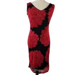 International Newport Group Red Black Floral Sheer Overlay   Vintage Dress Med